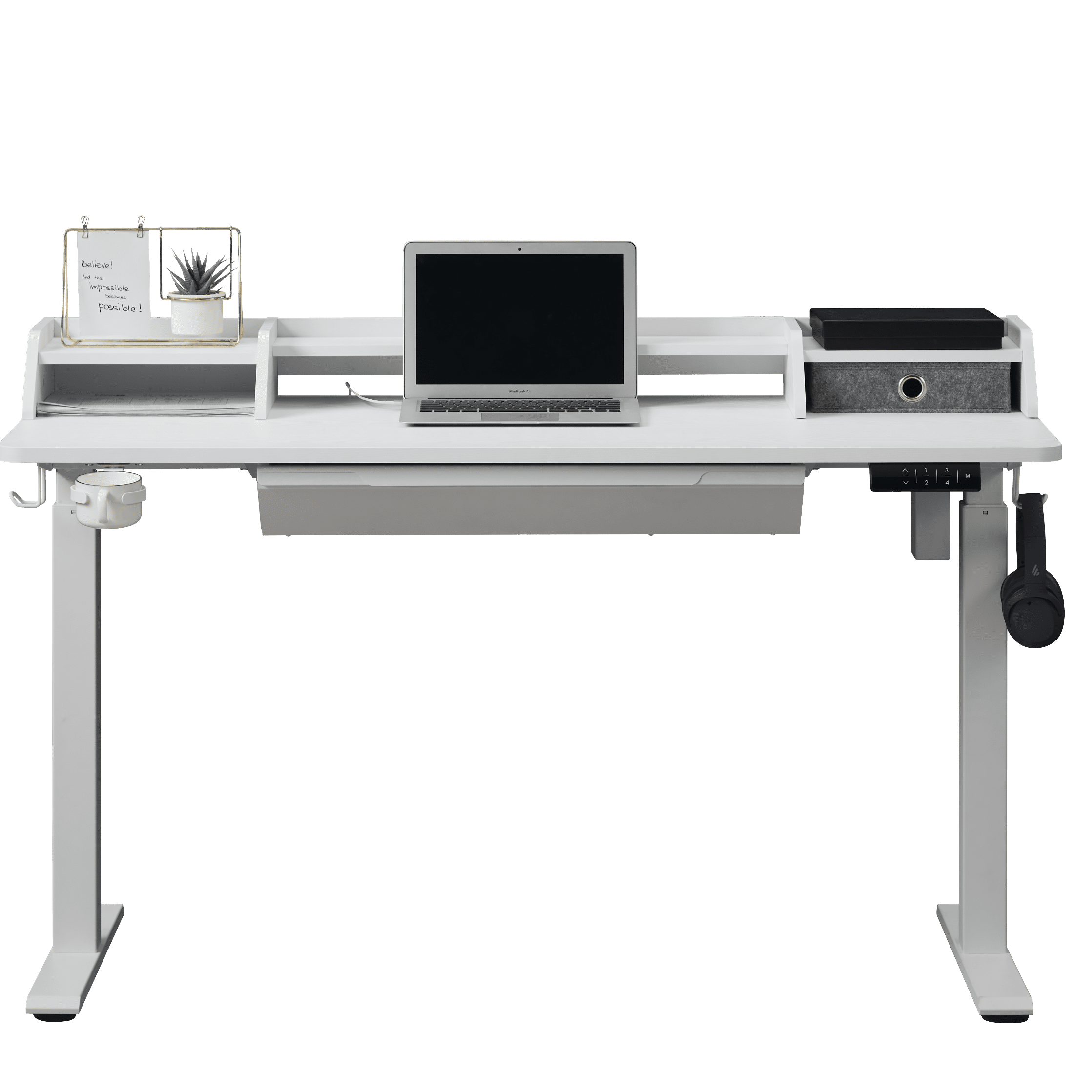 KOWO 55" K304 Electric Height Adjustable Standing Desk with Hutch and Drawer, White