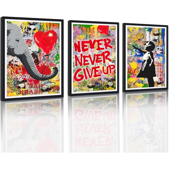 Hieng Large 3 Panels Abstract Wall Art Graffiti Love Grey Background Canvas Painting Poster for Street Living Room Wall Decor Unframed