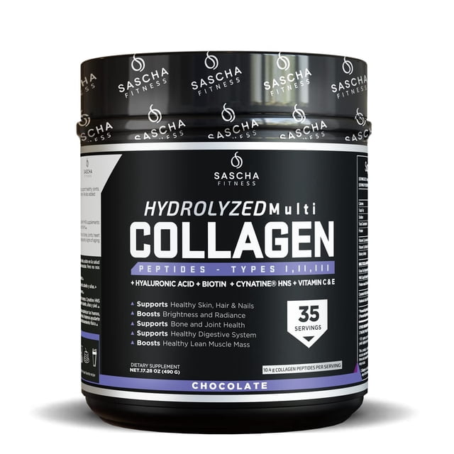 Sascha Fitness Multi Colágeno Hidrolizado | Ácido Hialurónico | Biotina | Cynatine HNS | Vitamina C & E - Sabor Chocolate Sascha Fitness NA
