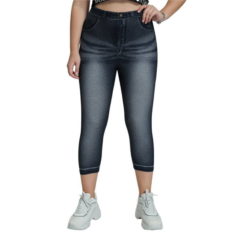 Capreze Women Plus Size Capri Pants Leggings High Rise Printed Denim Faux  Fake Jeans Look Capri Jeggings Black 0XL 