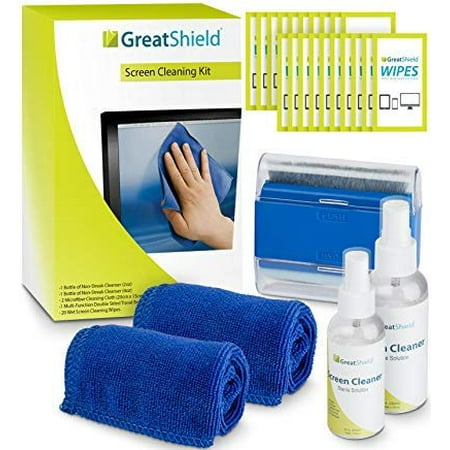 Screen Cleaning Kit, GreatShield LCD Computer Screen Cleaner [Microfiber Cloth, Brush, Non-Streak Solution & Cleaning Wipes] for TV PC Monitor Laptop Tablet Smartphone Camera