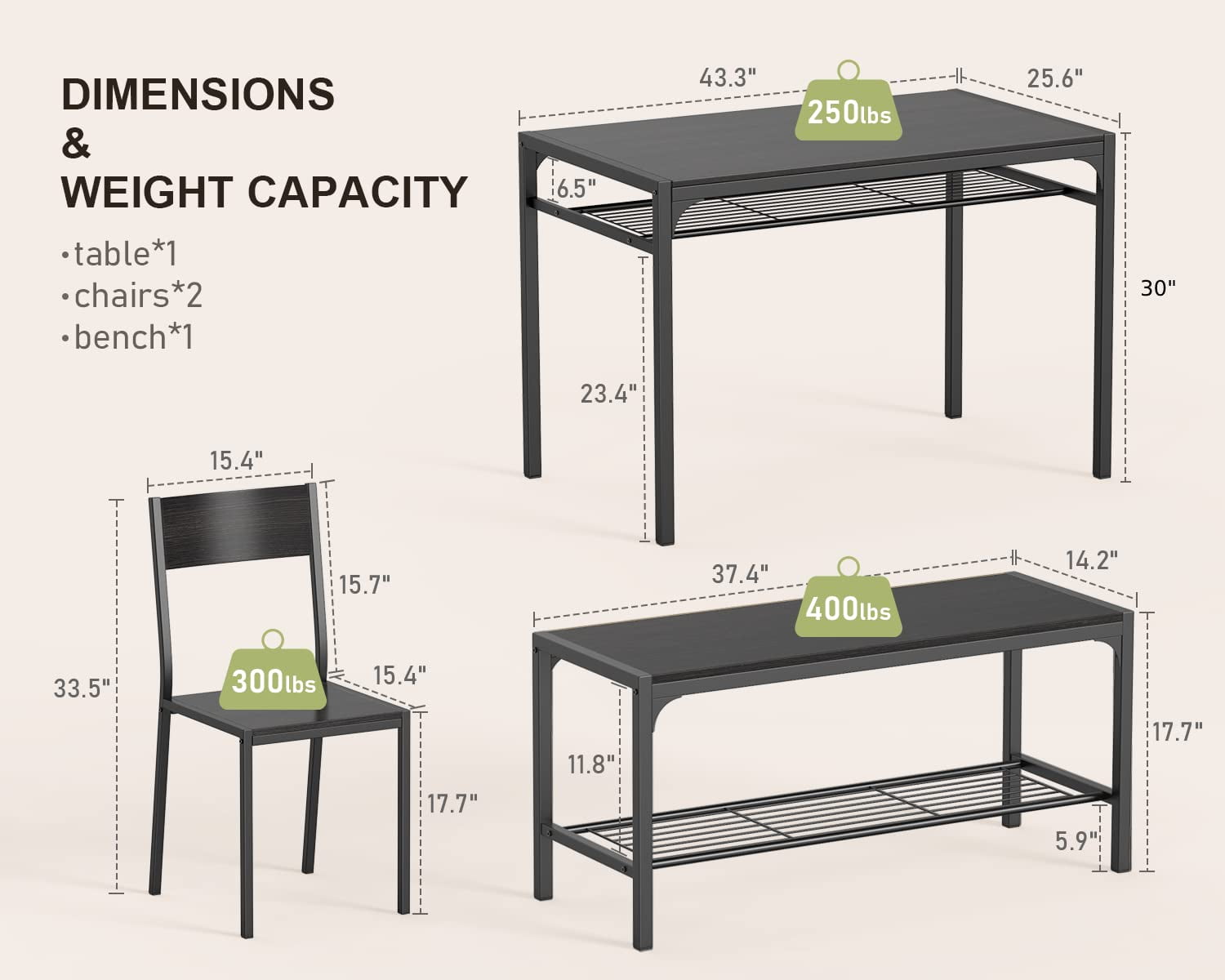 Dining Table Set for 4, Lofka Wooden Kitchen Table Set with Bench and 2 Chairs for Small Space | Dining Room, Black