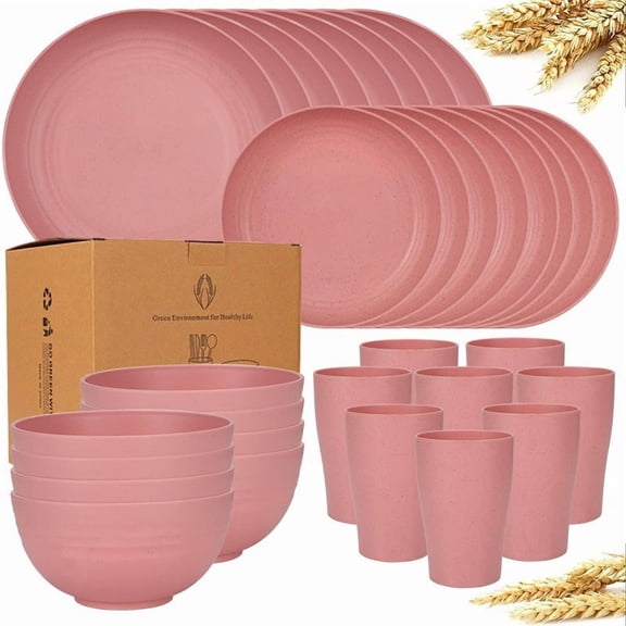 32Pcs Wheat Straw Dinnerware Sets, Service for 8, Includes Plates & Bowls, Black Plastic, Microwave & Dishwasher Safe, Durable Party Tableware, Ideal for Valentine's Day