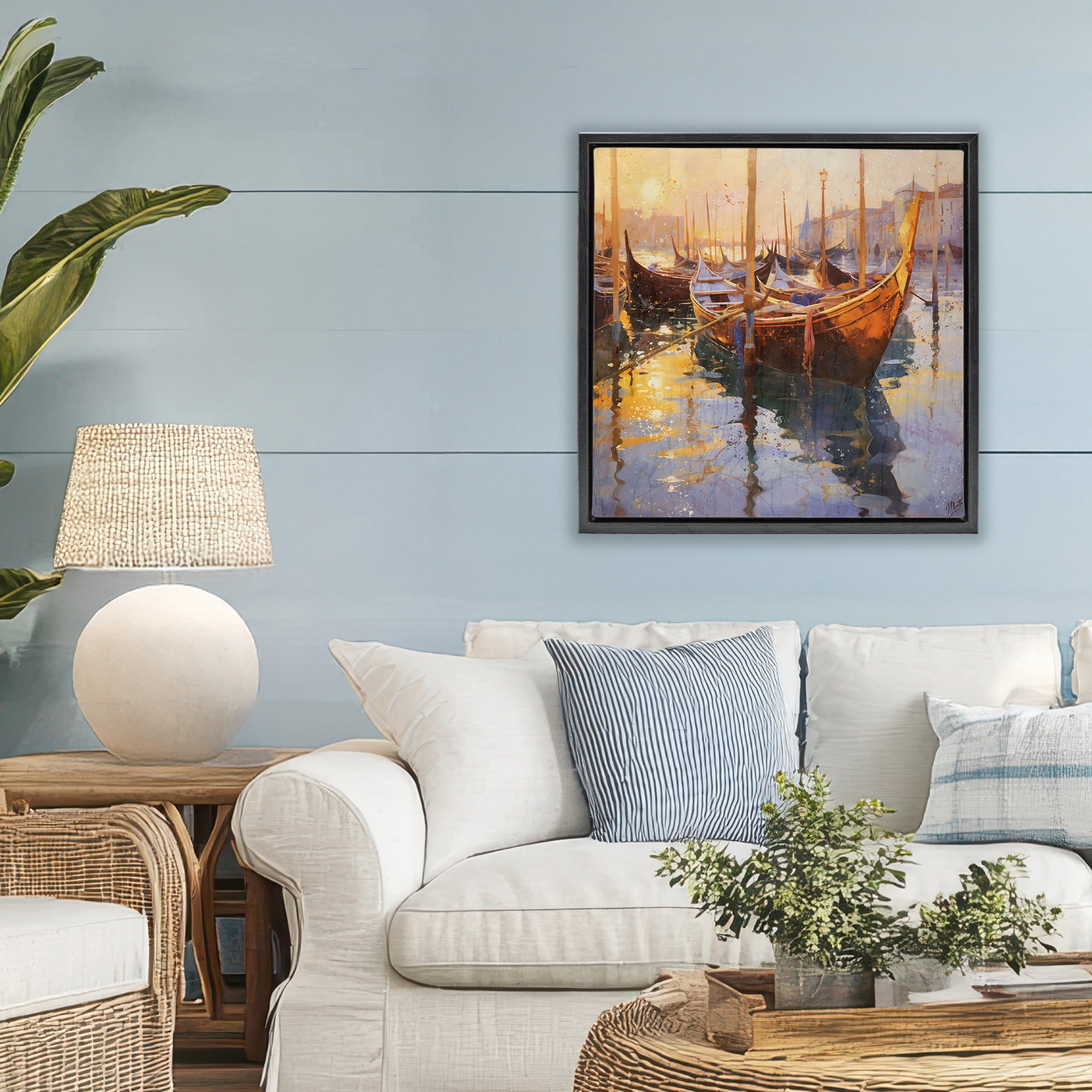 Stupell Industries Venetian Gondolas in Golden Light Black Framed Floater Canvas Wall Art, design by Marta Wiley