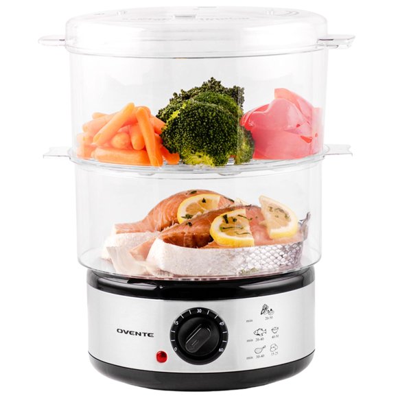 OVENTE 2 Tier Electric Food Steamer for Cooking Vegetables, Stainless Steel Base, Stackable and Dishwasher Safe Baskets, 400W wit
