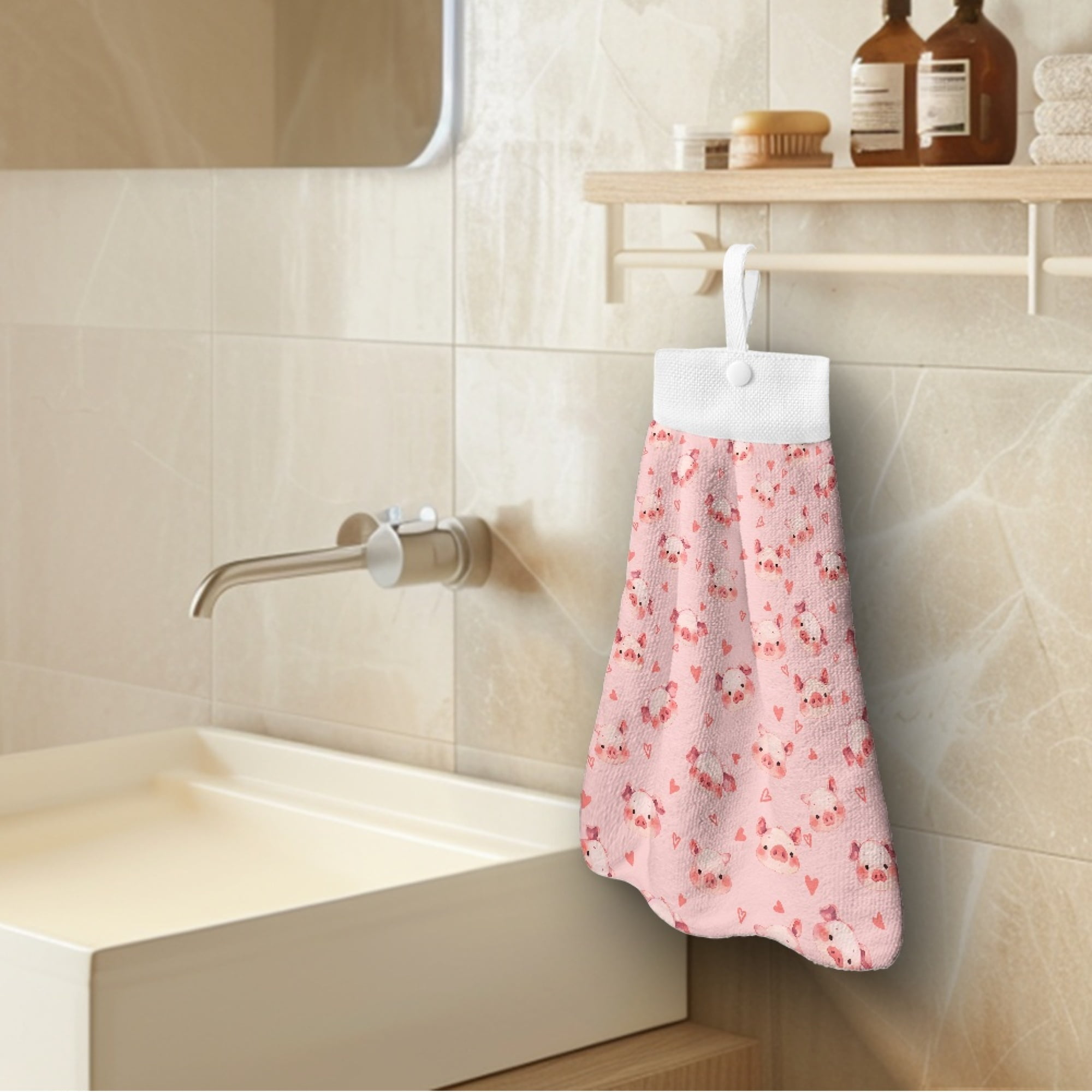 ZIATUBLE Cute Pigs Hanging Hand Dry Towels Soft Hanging Kitchen Towel Easy to Install Bathroom Hand Bath Towel with Hanging Loop Kitchen Hand Towels and Washcloths Living Room