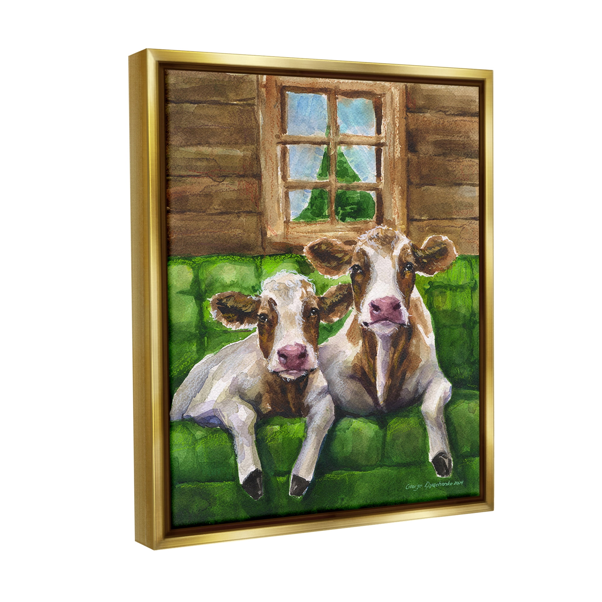 Stupell Industries Cows in Barn Cabin Animals & Insects Painting Gold Floater Framed Canvas Art Print Wall Art, 17 x 21