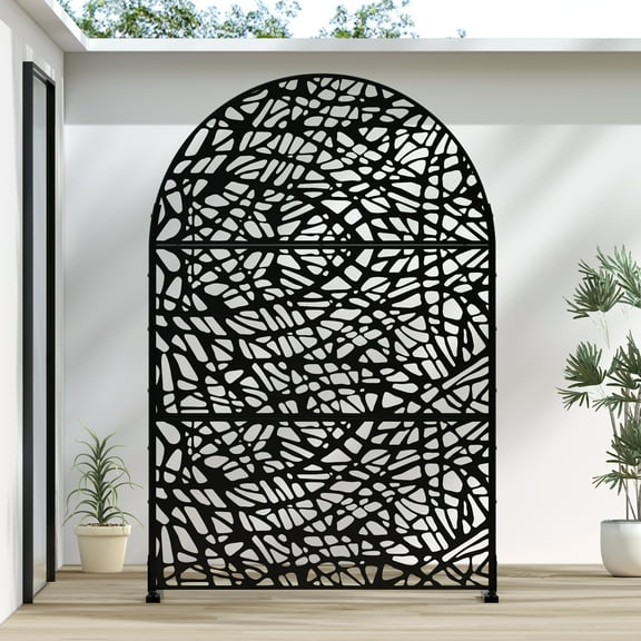 MAYEERTY 72*47" Outdoor Arched Metal Freestanding Panel Screen, Irregular Hollow - Out Pattern, Black