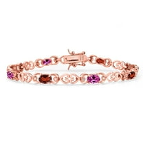 Gem Stone King 18K Rose Gold Plated Silver Red Garnet and Pink Created Sapphire and Lab Grown Diamond Bracelet for Women | 4.29 Cttw | Gemstone January Birthstone | Oval 6X4MM | Length 7.25 inches