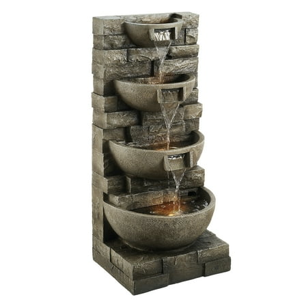 VEVOR Outdoor Water Fountain,35.63 in Height Fountain and Waterfall, 4-Tier Floor Standing Cascading Fountains with LED Light and Pump, Block Stack Style, for Outdoor Indoor Garden, Patio & Backyard