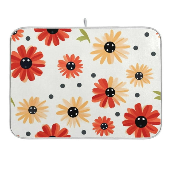 Hand Drawn Cute Flowers Dish Drying Mat for Kitchen Counter 16x18 In Absorbent Microfiber Reversible Mats Dish Drainer Protector Rack Pad for Coffee Bar Table