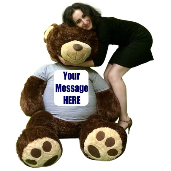 Customized T-shirt on Big Plush 5 Foot Brown Teddy Bear, Shirt is Custom Imprinted with Your Text