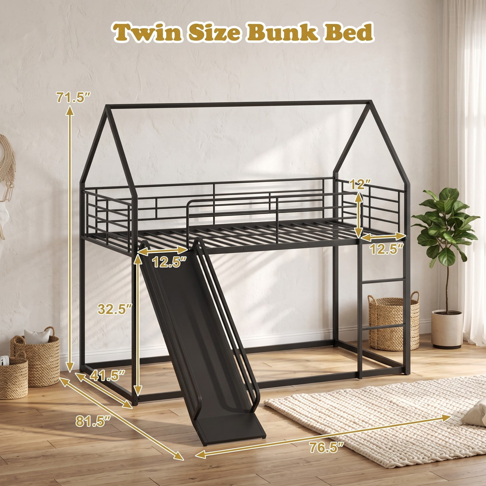 Furnibear House-shaped Twin Over Twin Metal Low Bunk Bed with Slide Ladder and Full-length Guardrails for Kids Rooms, Black