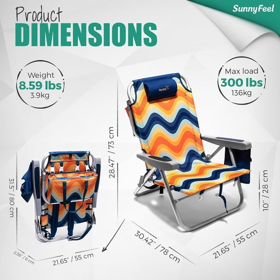 Low Beach Chair 5 Position Lay Flat Portable Folding Backpack with Cooler Bag Cup Holder for Outdoor Lawn Trip Picnic Fishing