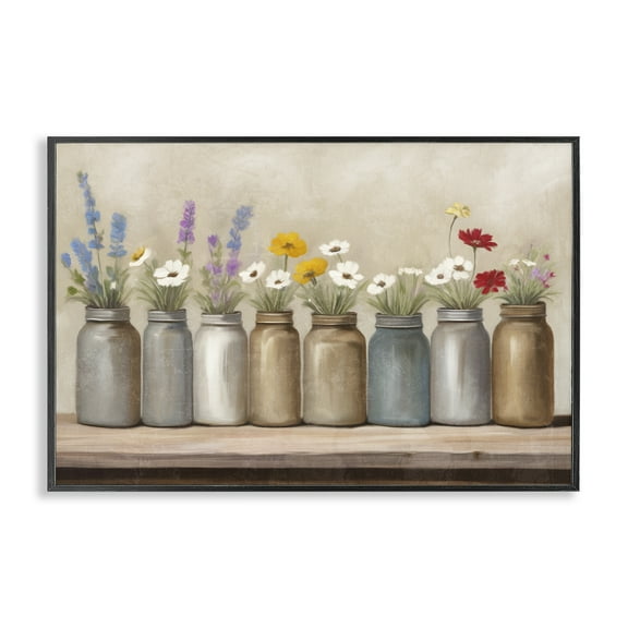 Stupell Industries Jars with Wildflowers Plants & Flowers Painting Black Framed Art Print Wall Art, 18 x 12