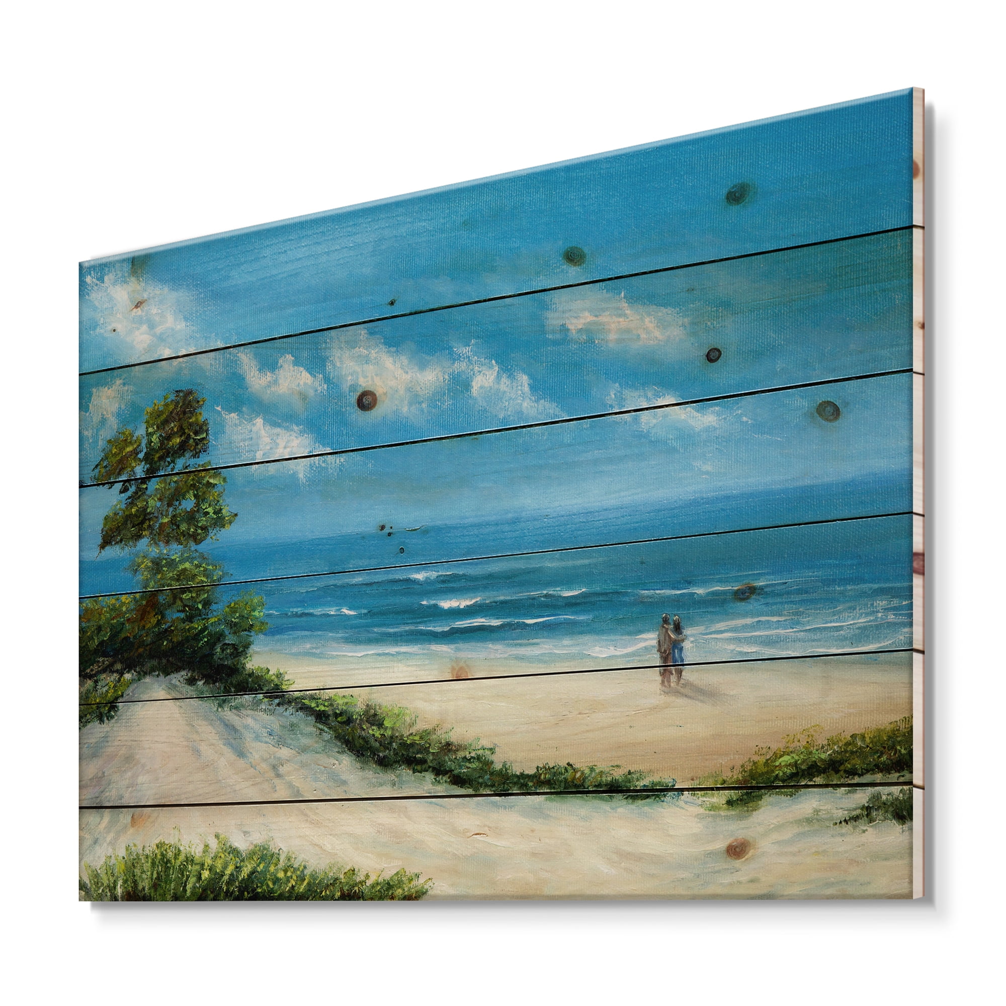 Designart 'Couple At The Beach In Sunlight' Nautical & Coastal Print on Natural Pine Wood