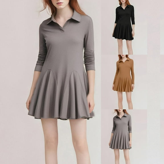 YHAJDS Women's Fall Winter Casual dress,Winter Long Sleeve Midi Dress Women's Dresses Long Sleeve Dress Solid Color Collared Dress with Ruffles High Waist Fleece Lined Casual Long Sleeve Dresses