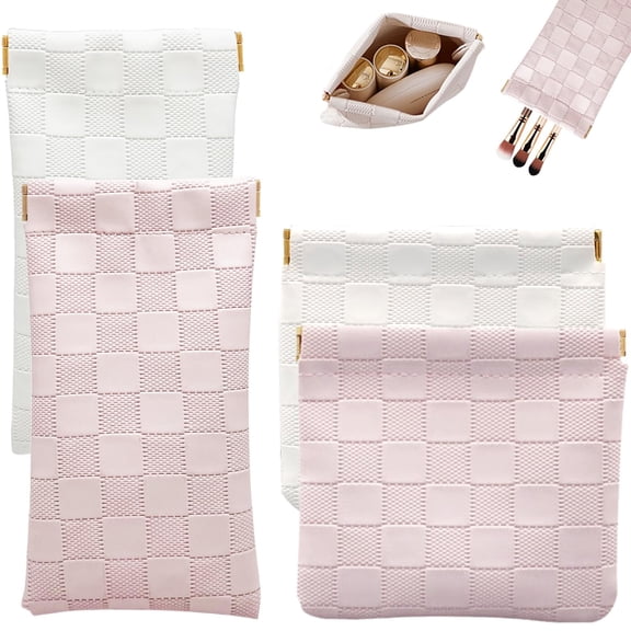 Soda Candy 4 Pack Checkered Small Makeup Bag for Purse, Waterproof Leather Mini Cosmetic Pouch No Zipper Self Closing Lipstick Coin Bag for Women Travel
