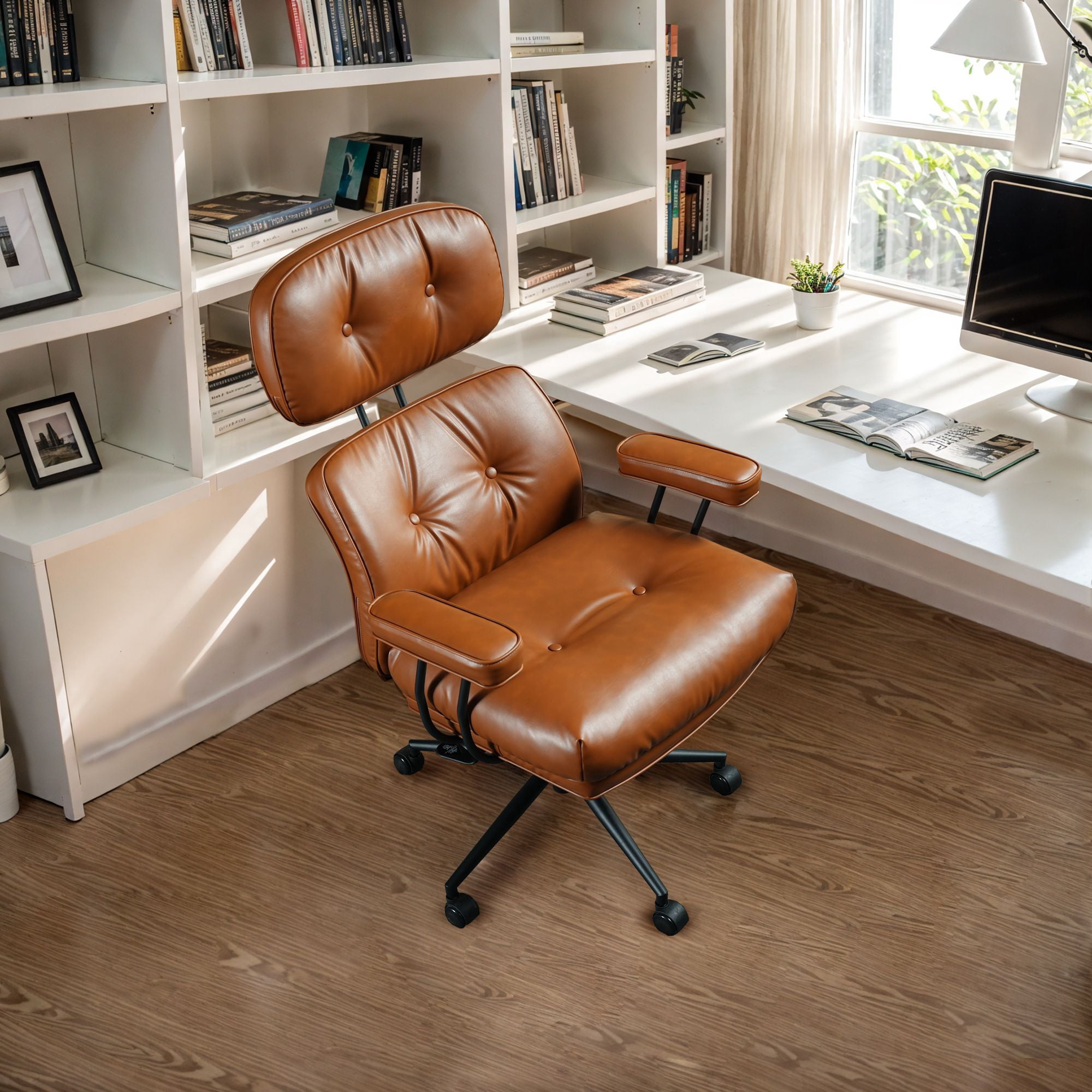 ODELIO Mid-Century Modern Executive Office Chair Light Brown PU Leather High Back Desk Chair with Headrest & Padded Armrests Height Adjustable Reclining Swivel Task Chair for Home Office
