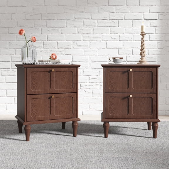 HLR 20" Mid Century Nightstands Set of 2 with Drawers, Wood Bedside Table End Table for Bedroom, Brown