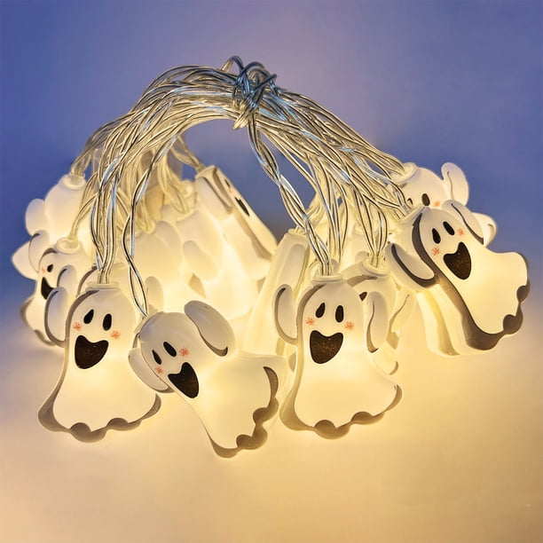 Guirnalda de Luces Led de Halloween con Bombillas Fantasma Blancas de 1,5 M (10 Luces) o 3 M (20 Luces). Funciona con Pilas. Decoración Navideña para Interiores y Exteriores. Ambiente Festivo. Decora