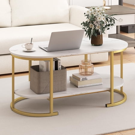 Industrial Wooden Oval Coffee Table Mid Century Center Accent Tea Table with Open Storage Shelf & Heavy-Duty Metal Frame 2-Tier Cocktail Table for Living Room Study Home Rustic Brown