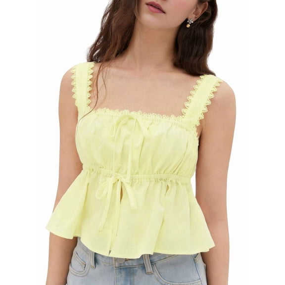 Women'S Smocked Peplum Square Neck Ruffle Sleeveless Tank Top Shirt Yellow S