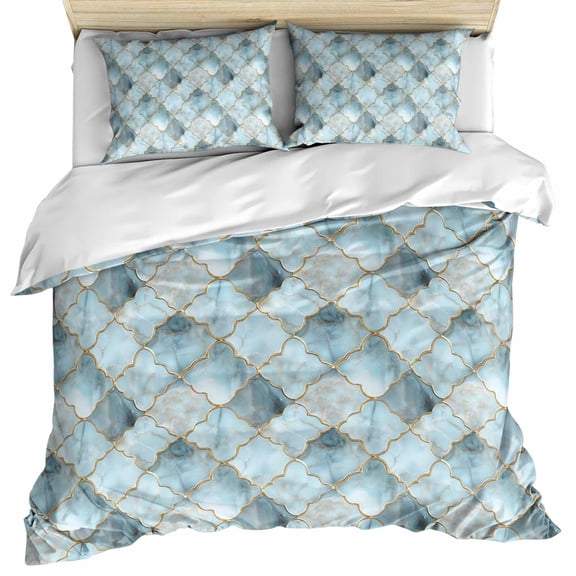 Teal Morocco Bedding 3 Piece Duvet Cover Set Twin Size, Modern Abstract Art Contemporary Geometric Soft Microfiber Comforter Cover with Zipper Closure & Pillowcases, FadeResistant Quilt Cover