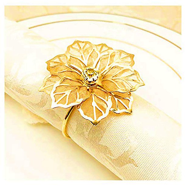 Hebillas de anillos de servilleta de plata dorada, 12 piezas de hebillas de servilleta de flor de rosa de metal para centros de mesa de aniversario de cena de fiesta de boda JFHHH pequeña