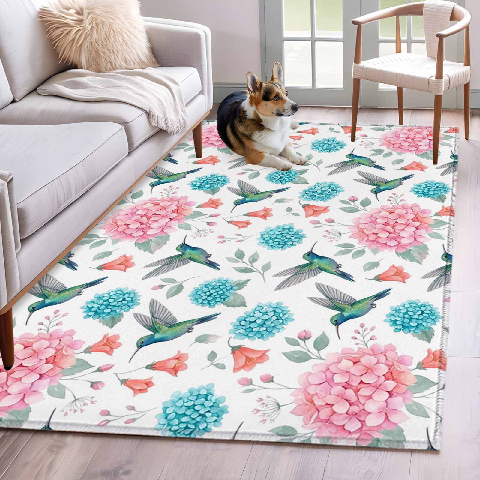 Rectangle Area Rug 4x6ft Watercolor Teal Pink Hydrangea Non-Slip Non-Shedding Floor Mat Hummingbird Leaves Plant Washable Sturdy Carpet for Living Room Bedroom Home Decor