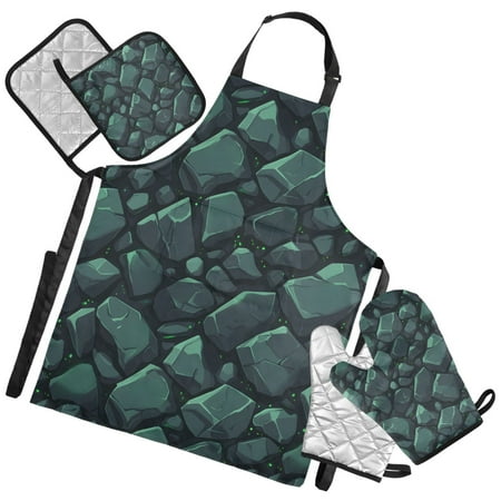 Ryvnso Green Texture Stone Kitchen Apron Oven Mitts Set Pot Holders
