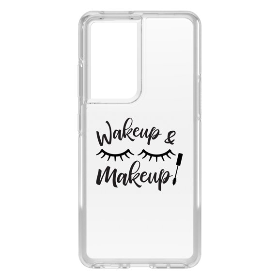 DistinctInk Clear Shockproof Hybrid Case for Galaxy S21 ULTRA 5G (6.8" Screen) - TPU Bumper Acrylic Back Tempered Glass Screen Protector - Wake Up & Makeup - Eye Lashes