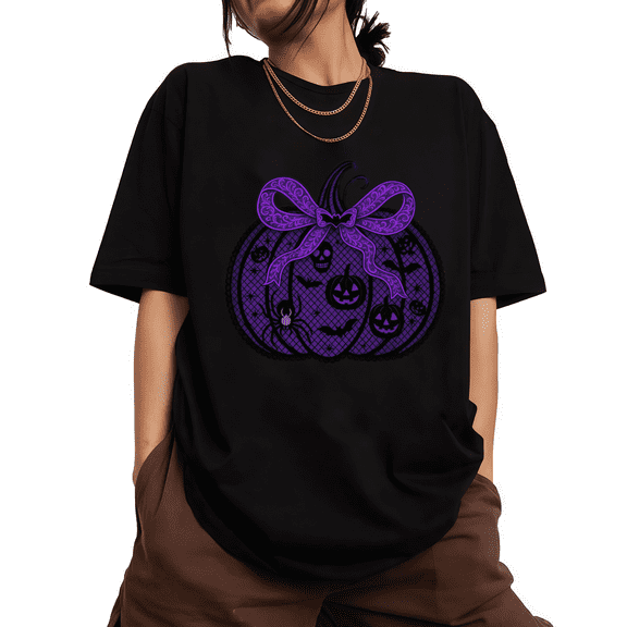 UNISHE Halloween Pumpkin Bow Graphic Tee Womens Crewneck Short Sleeve Print T-Shirt