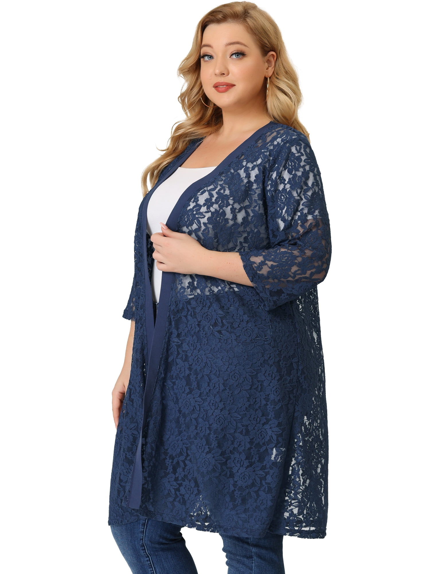 DARING DIVA Women's Plus Size Lace Crochet 3/4 Sleeve Cover Up Jacket 6X Navy