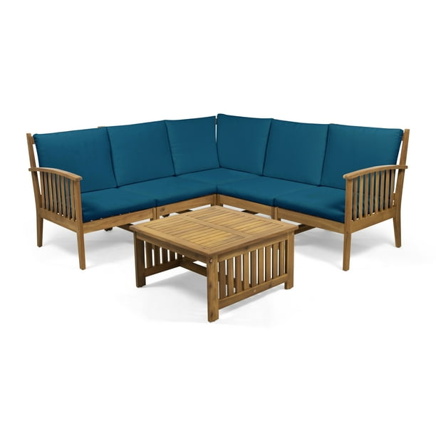 Maud Outdoor 5 Seater Acacia Wood Sofa Sectional Set, Brown and Dark Teal - Walmart.com 