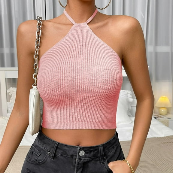 SNKSDGM Female Lace Tank Tops for Women Green Women's Tank Tops Xs Womens Basic Minimalist Sexy Hanging Neck with Navel Strap Knitted Top Vest Strap S