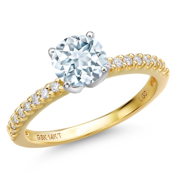Gem Stone King 14K Two Tone Gold Sky Blue Aquamarine and Lab Grown Diamond Engagement Ring for Women | 0.66 Cttw | Round 5MM | Gemstone March Birthstone | Size 5