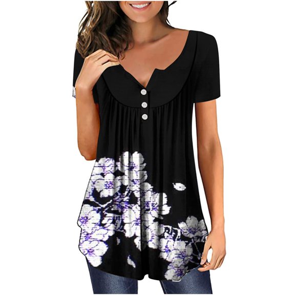 Vivianyo HD Women Top Clothes Plus Size Women's Summer Printed Round Neck Button Pleated Short Sleeve Top Flash Picks Navy