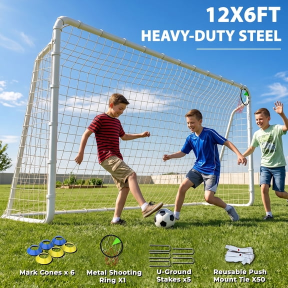 Kdymod 12×6 FT Soccer Goal for Backyard,Heavy-Duty Metal Soccer Net with Target Net,Outdoor Soccer Goal Soccer Equipment Set with 6 Soccer Cones & 5 Stakes for Kids and Adults ,White