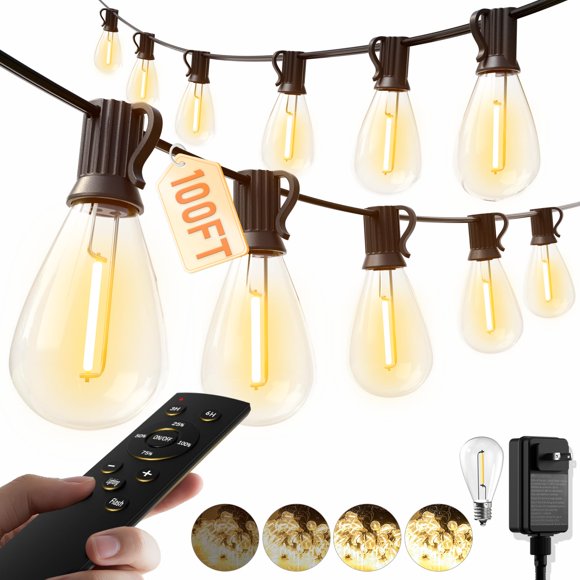 Guirnalda de luces LED Luckystyle para exteriores de 100 pies con mando a distancia de 35+1 bombillas