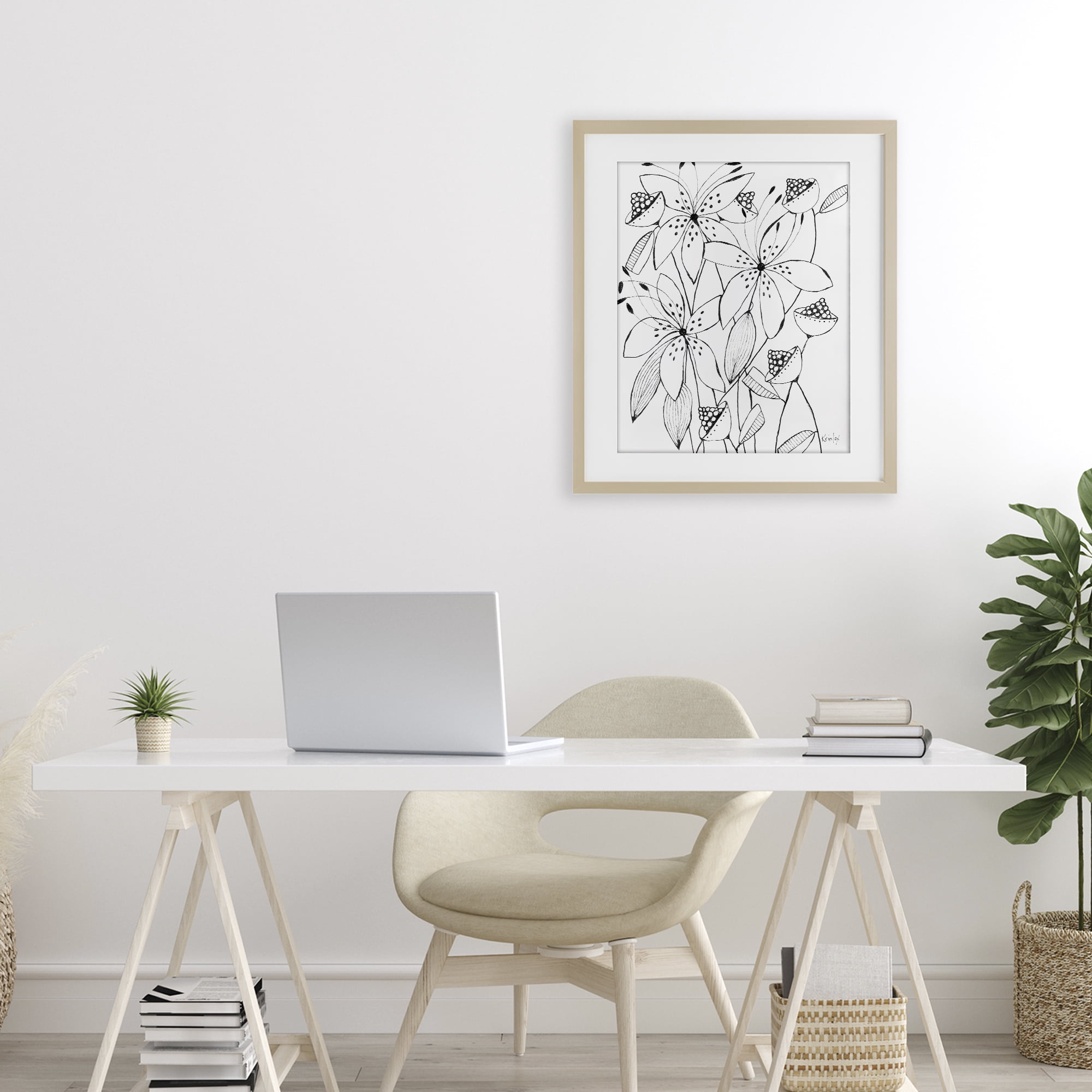Stupell Industries Open Blooms Outline Birch Framed Print Under Glass, design by Krinlox