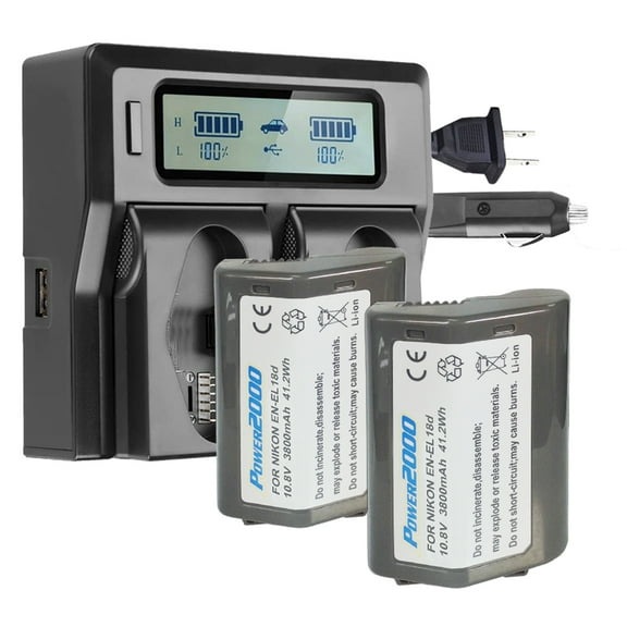 Power2000 2x Nikon EN-EL18d 10.8V 3800mAh Lithium-Ion Battery with Dual Bay LCD Charger