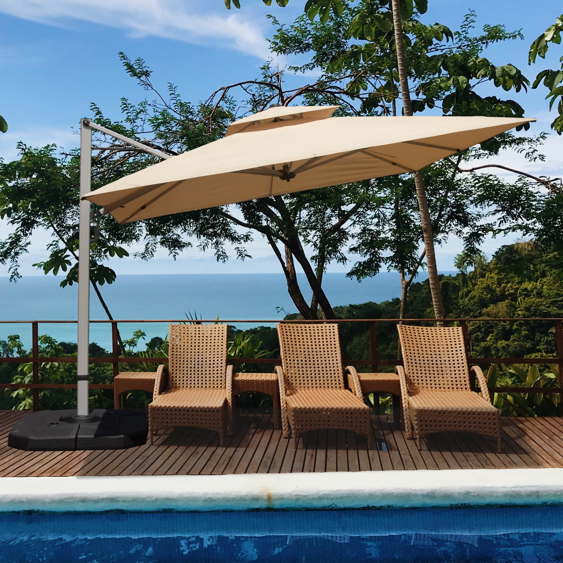 9'X9' Adjustment Square Cantilever Umbrella with Center Pole, 360° Rotation Patio Umbrella with Sun Protection, 2-Tier Aluminum Offset Outdoor Umbrella for Backyard, Pool, Beige