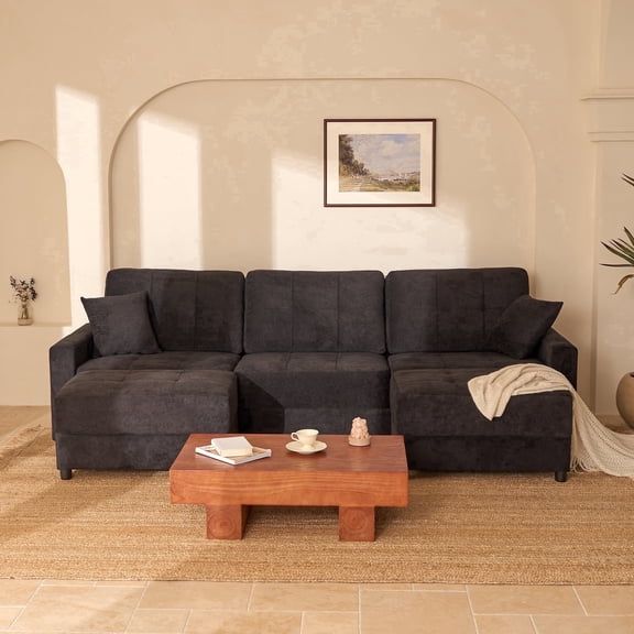 LAKPS 112" U-Shaped Deep Seat Waffle Fabric Sectional Sofa, Includes Movable Ottoman, Black