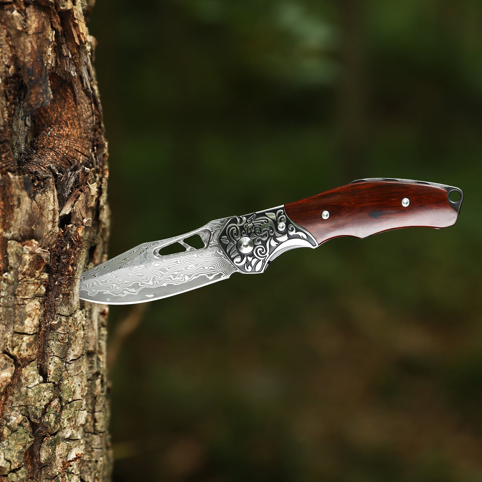 Dispatch Folding 4" Damascus Pocket Knife with Red Wood Handle