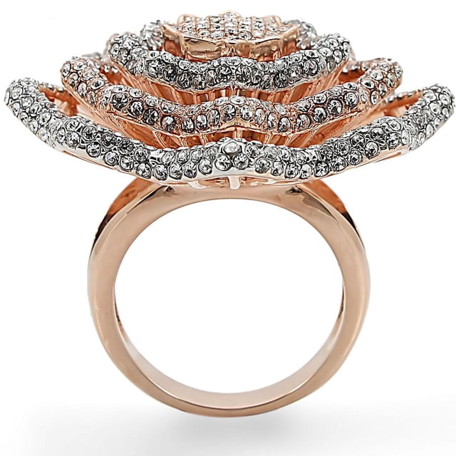 Rose Gold + Rhodium Brass Ring with Top Grade Crystal in Clear for Women Clear Stone Color Style 1W023 Size 5