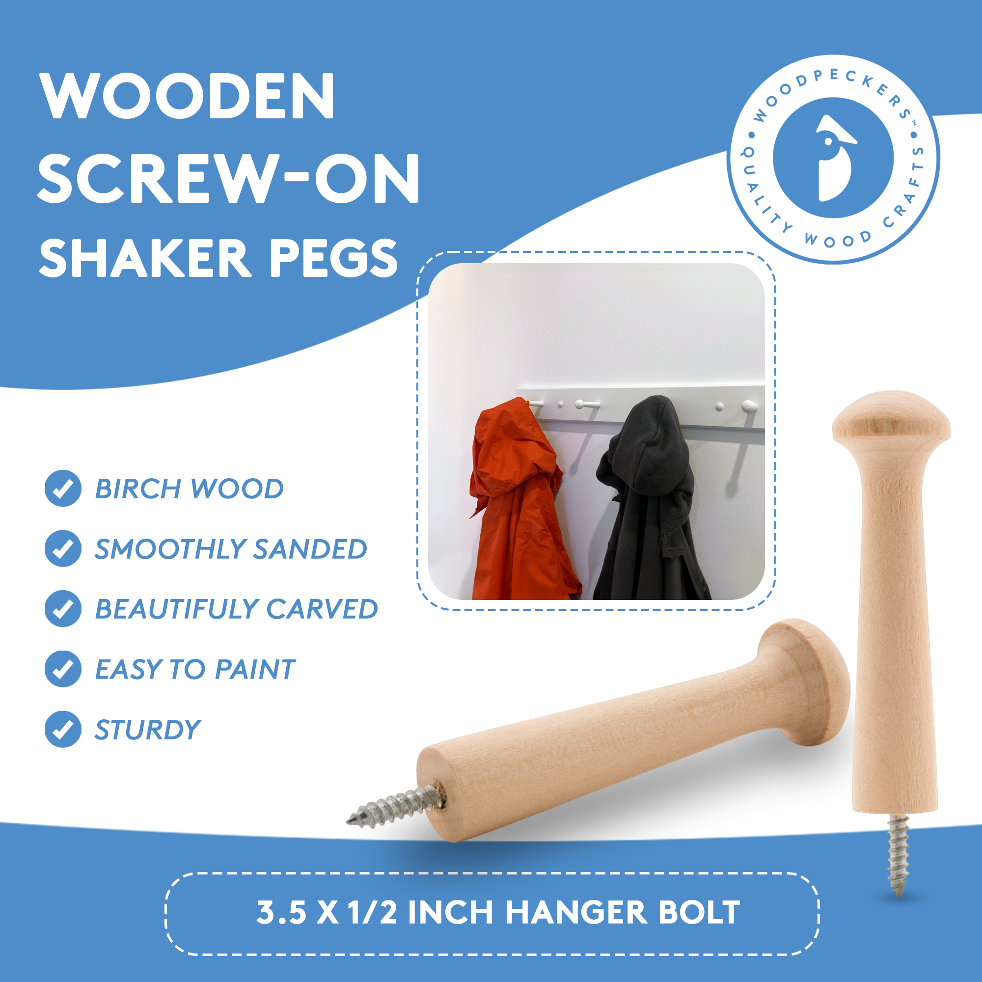 Screw on Shaker Pegs 3.5 x 1/2 Inch Hanger Bolt, Bag of 25 Birch Shaker  Pegs with Screw for Hanging,(3-1/2 x 12 Inch Wood Hook Shaker Pegs) by