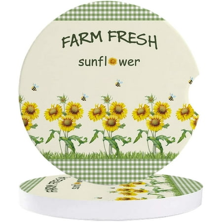 

KXMDXA Farm Fresh Sunflower Yellow and Plaid Set of 6 Car Coaster for Drinks Absorbent Ceramic Stone Coasters Cup Mat with Cork Base for Home Kitchen Room Coffee Table Bar Decor