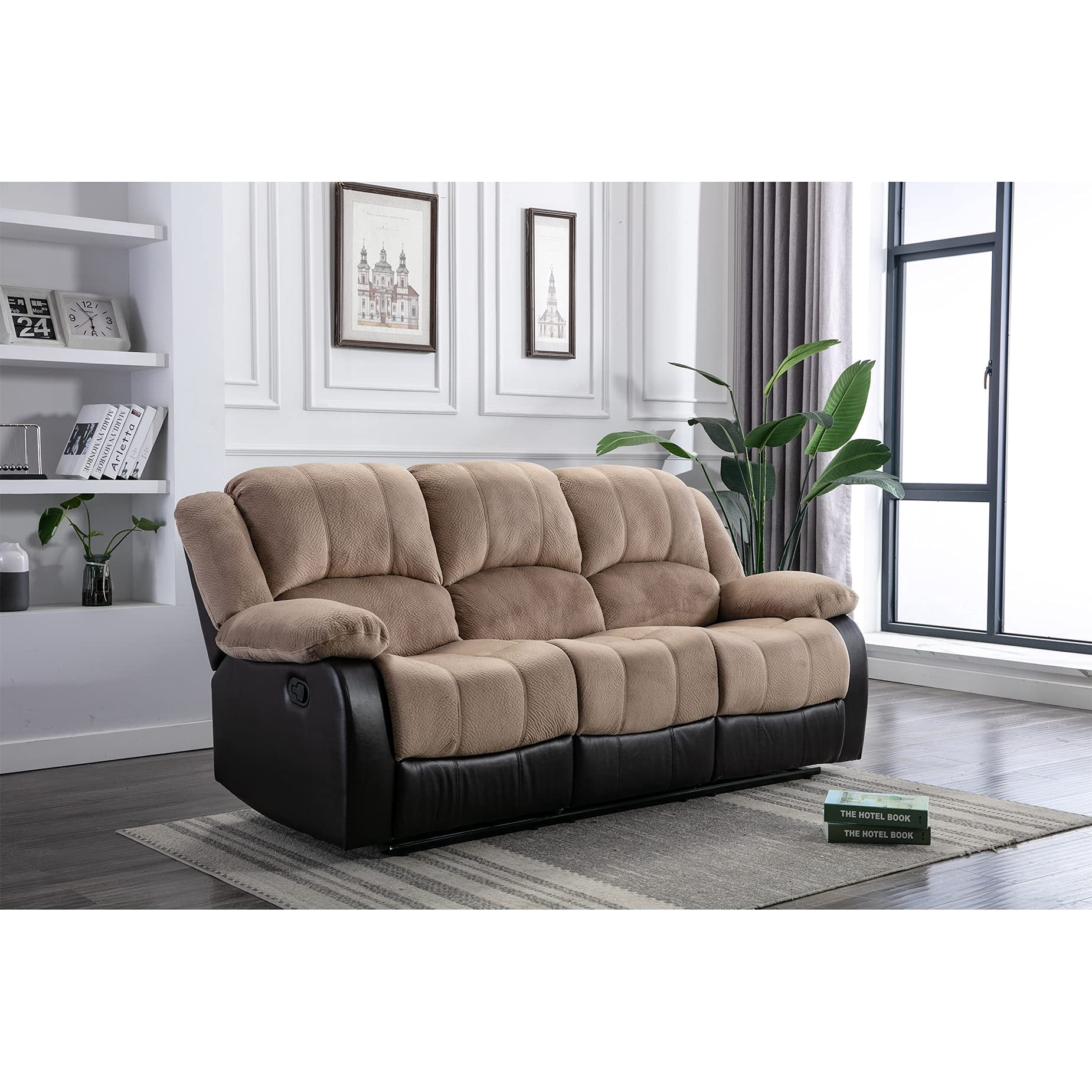 Nathaniel Home Champion Manual Double Reclining Sofa, PU Leather Upholstered 3-Seat Couch, Tufted Recliner, Plush Scoop Seating, for Living Room Home Theater, Beige Adult