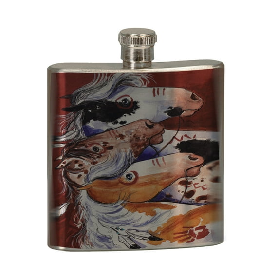 KuzmarK 6 oz. Stainless Steel Flask Set in Rose Wood Presentation Box - Pinto and Appaloosa Indian War Ponies Horse Art by Denise Every